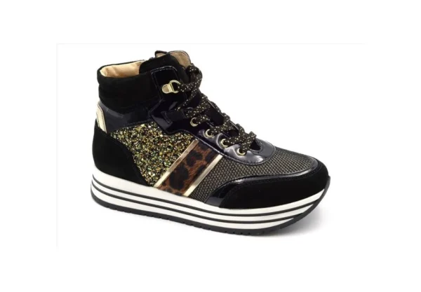 Donna Nero Giardini Teens Scarponcini In Pelle Con Glitter Platform I131970F Nero