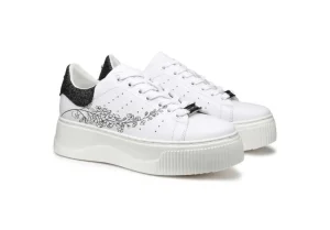 Donna Cult Sneaker Da Donna In Pelle Bianca Con Stampa E Strass Clw337101